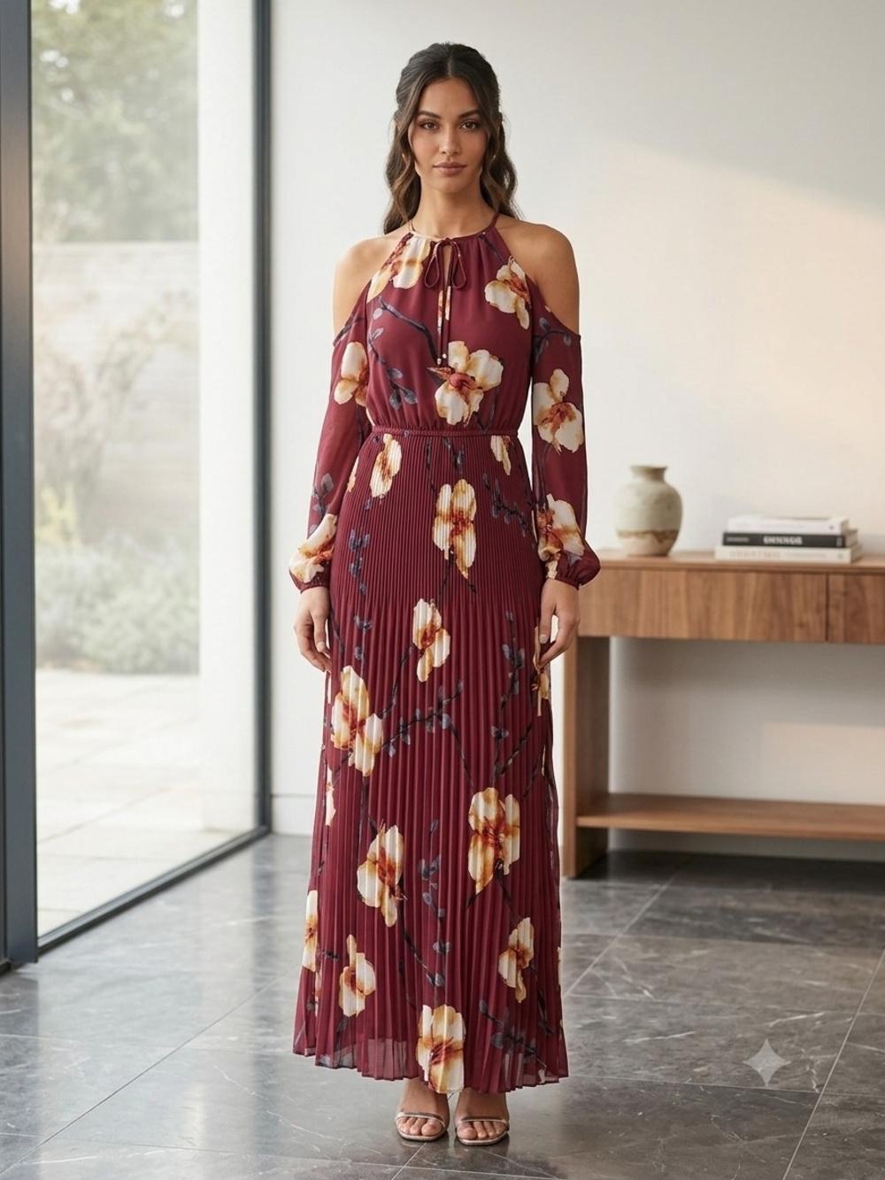 Cold-Shoulder Floral Maxi Dress in Burgundy Floral